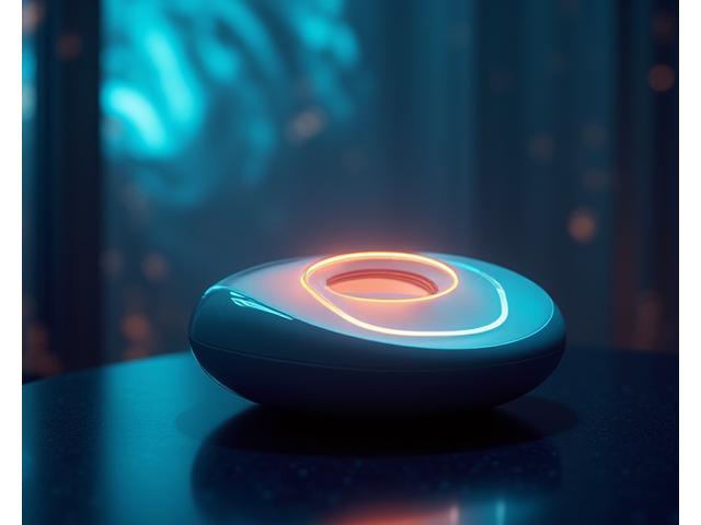 Sleek, futuristic wellness device illuminated with soft, glowing lines in a low-light, high-tech setting