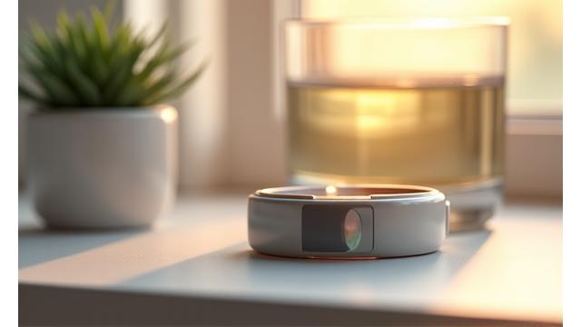 Advanced wearable sleep tracker on a bedside table with soft morning light