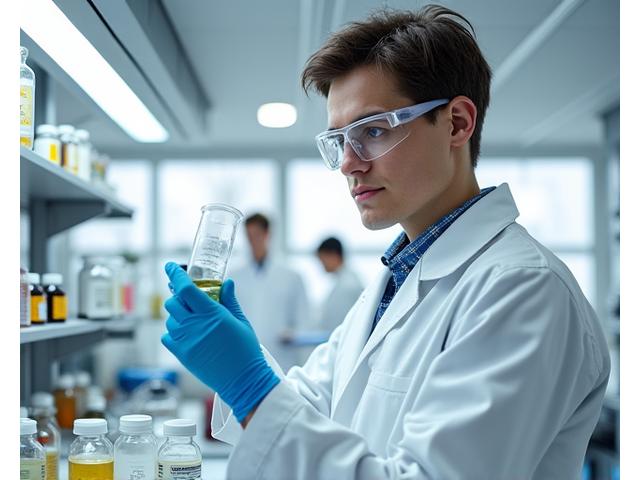 Scientist researching supplements in a sterile, sophisticated laboratory environment.